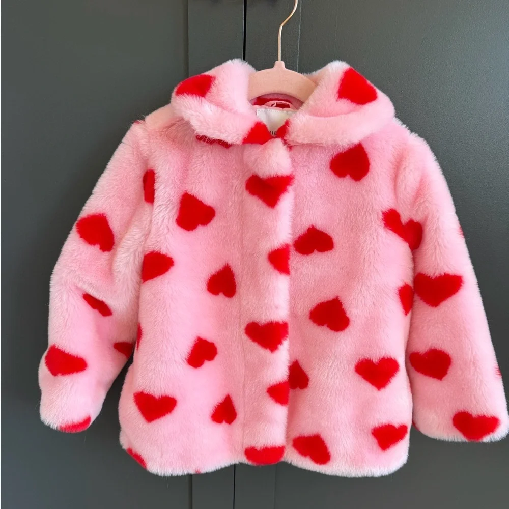 Janie and Jack | Pink and Red Heart Patterned Faux Fur Coat | 3-4